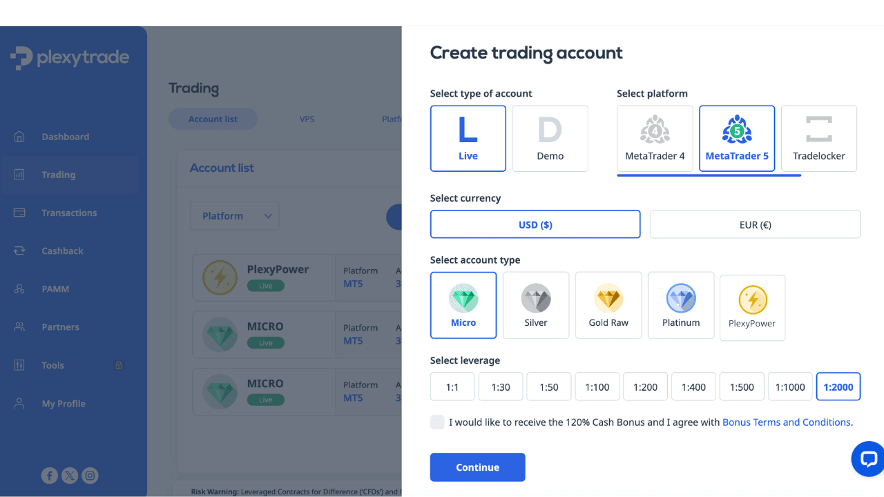 Dashboard Plexytrade per creare un account MT5 PlexyPower