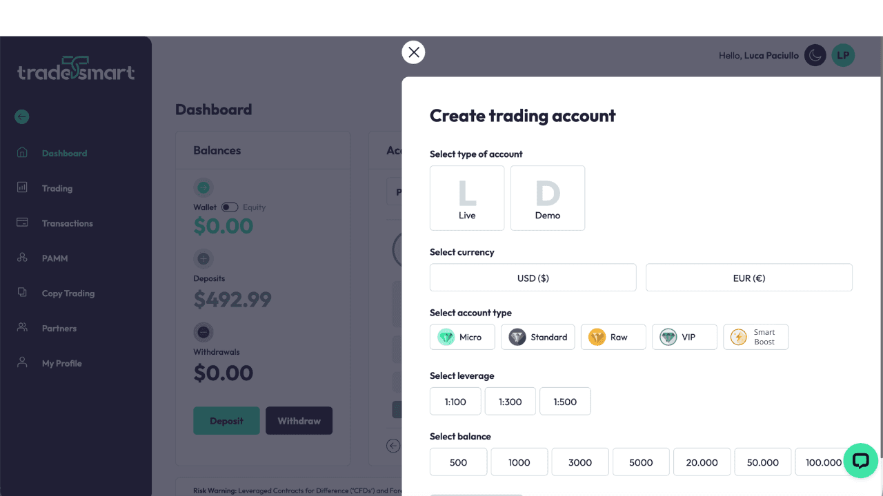 Dashboard Tradesmart per creare un account MT5 Smart Boost